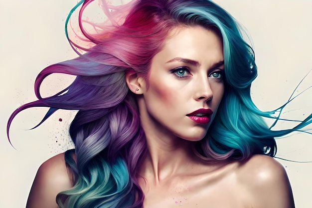 Женщина с голубыми и розовыми волосами и радужными волосами