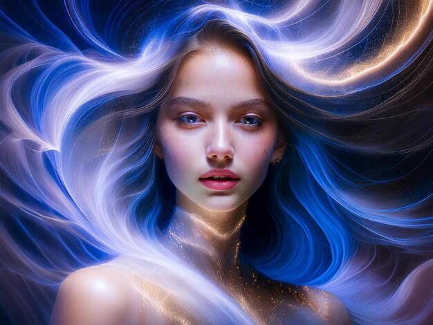 Foto donna con i capelli blu e viola e uno sfondo blu e nero