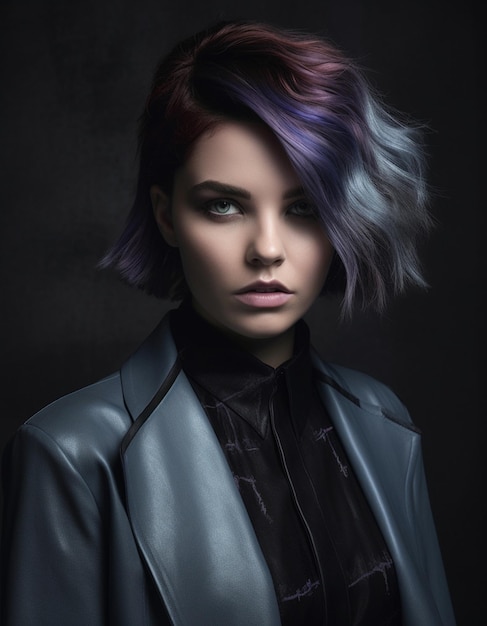 A woman with blue and purple hair looks into the camera