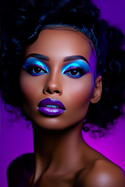 Woman with blue and purple make up on her face Close up