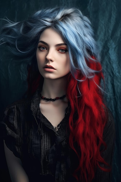 A woman with blue and red hair and a black shirt