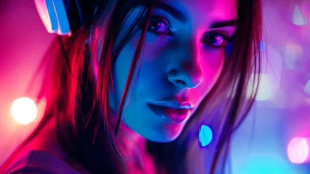 a woman with a blue and red light behind her face