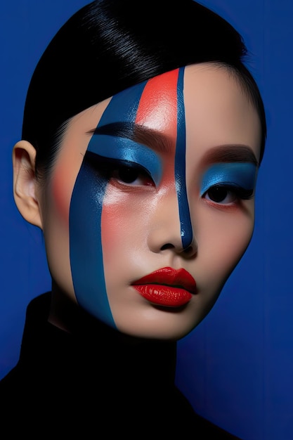 A woman with blue and red makeup