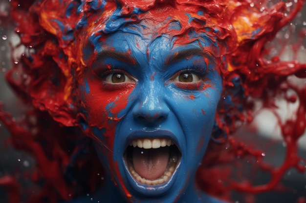 a woman with blue and red paint on her face