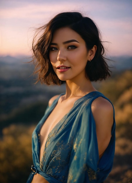 Photo a woman with a blue sari on her neck