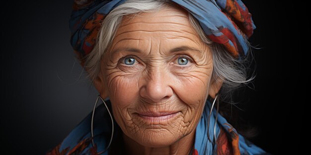 a woman with a blue scarf on her head