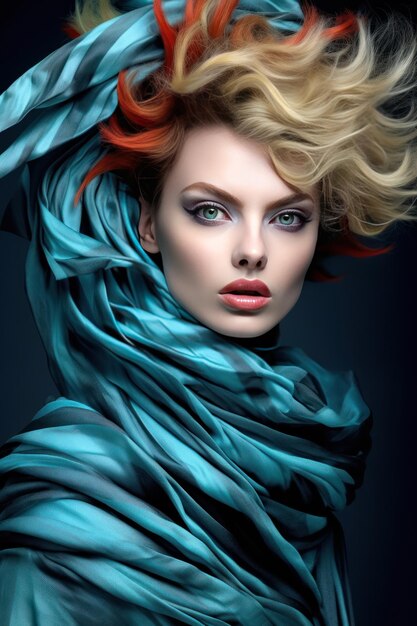 A woman with a blue scarf and red hair