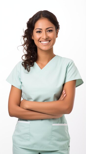 a woman with a blue shirt that says  i am a nurse