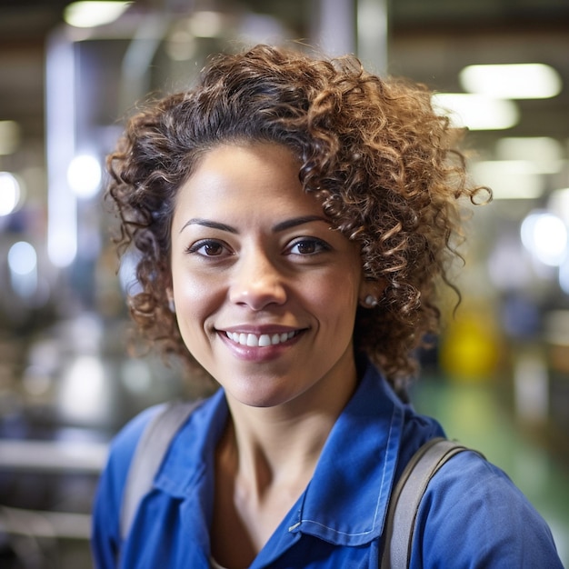 A woman with a blue shirt that says " she is smiling ".