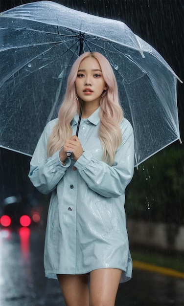 Photo a woman with a blue shirt and a umbrella in the rain