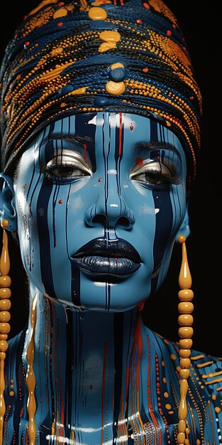 a woman with blue skin and a blue face with the words  god  on the face