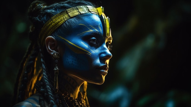 青い肌と青い化粧、そして「猿の惑星」と書かれた黄色のヘッドペイントをした女性