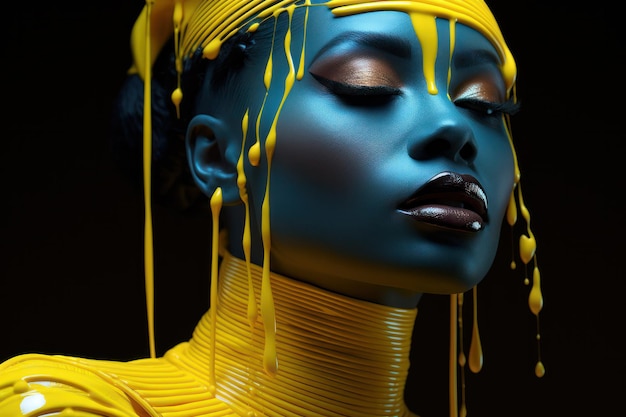 Woman with blue skin and yellow dress on black background