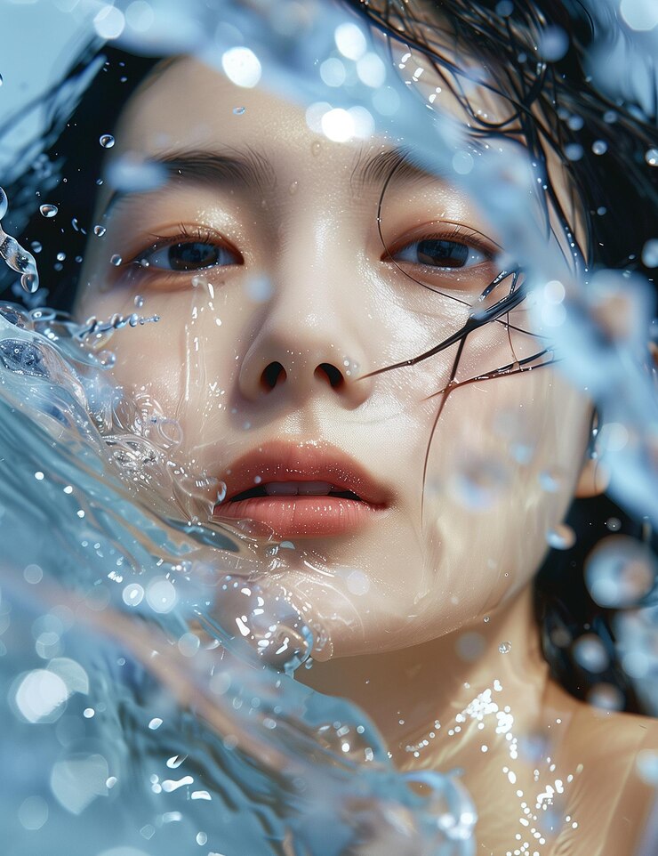 a woman with a blue water and a white shirt under her face
