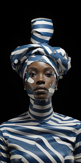 a woman with a blue and white striped turban on her head