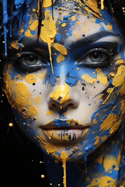 a woman with blue and yellow paint on her face