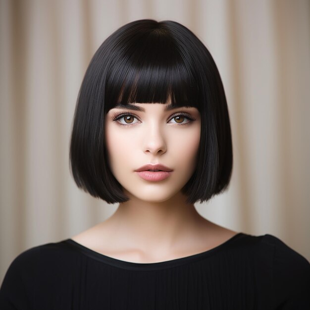 a woman with a bob cut and black hair