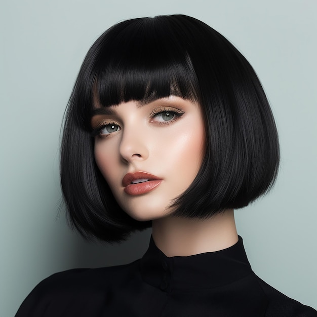 a woman with a bob cut and black hair