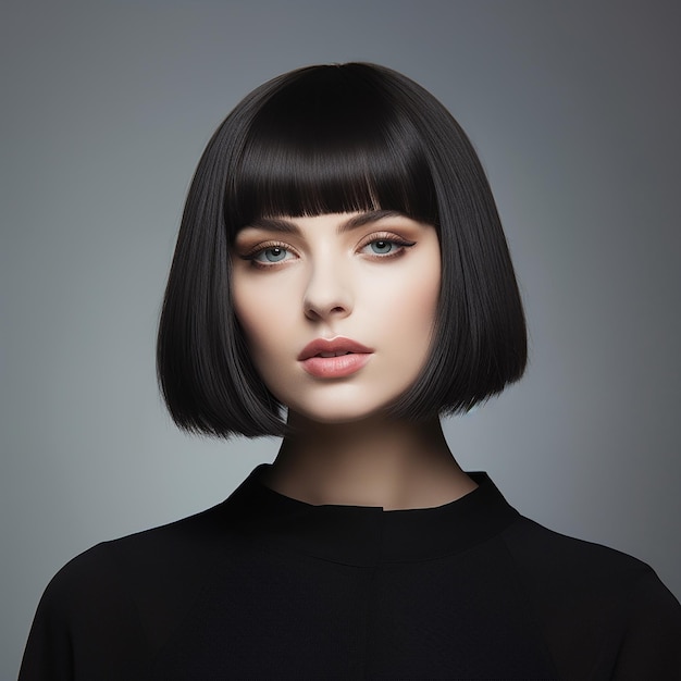 a woman with a bob cut and black hair