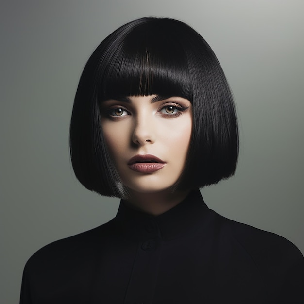 a woman with a bob cut and black hair