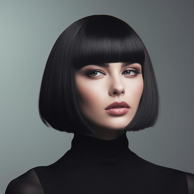 a woman with a bob cut and black hair