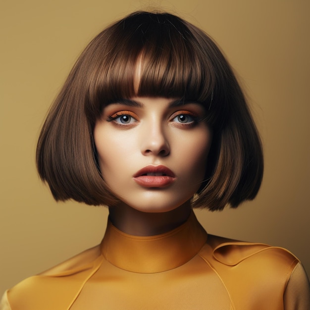 Premium AI Image | a woman with bob cut hair on brown background ...