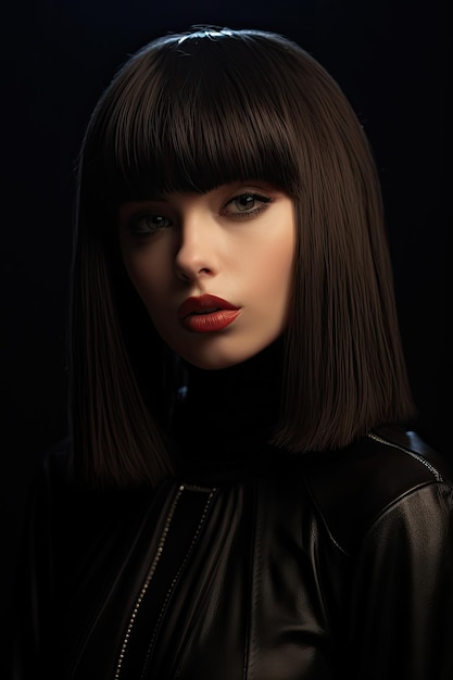 a woman with bob haircut and red lipstick