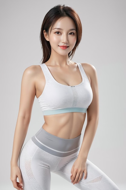 Photo a woman with a body perfect in a sports bra top and grey leggings on a simple color background