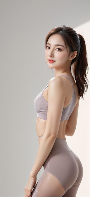 a woman with a body perfect in a sports bra top and grey leggings on a simple color background