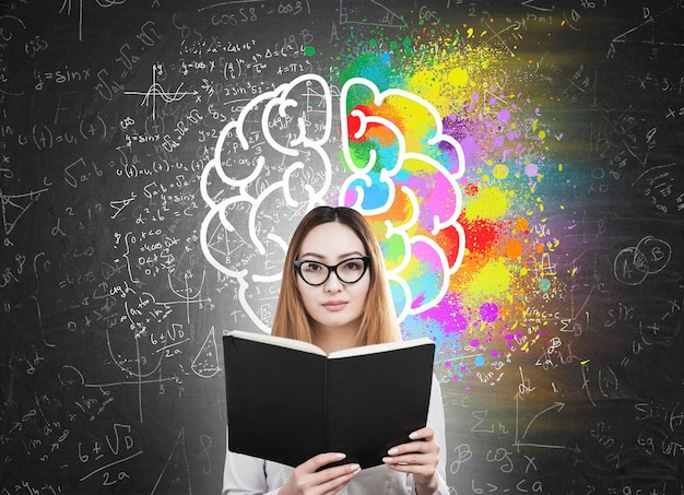 Photo woman with book and colorful brain icon