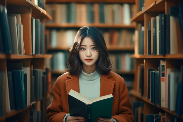 A woman with a book and wearing trendy clothes