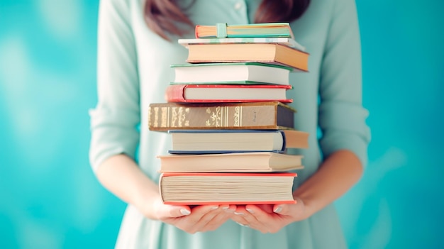 woman with books in library