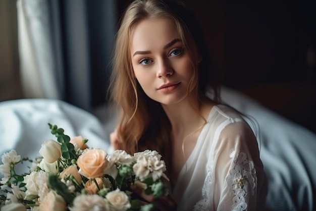 A woman with a bouquet of flowers is sitting on a bed.