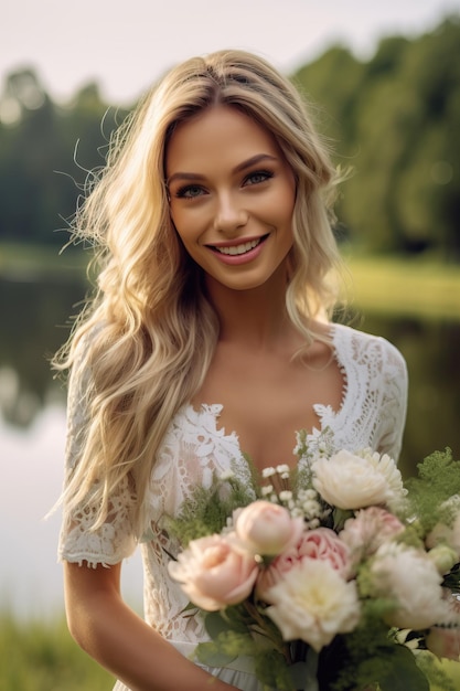 A woman with a bouquet of flowers