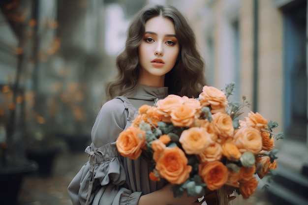 A woman with a bouquet of flowers