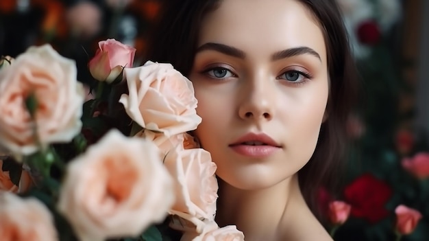 A woman with a bouquet of roses