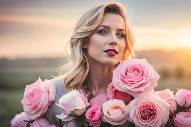 A woman with a bouquet of roses