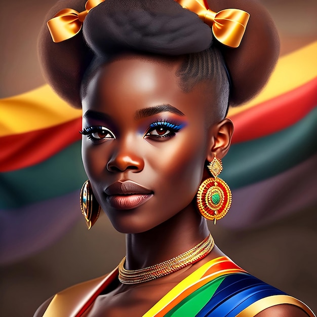 A woman with a bow in her hair and a colorful dress with the word black on it.