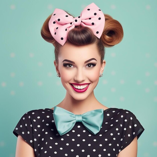 Photo a woman with a bow on her head wearing a polka dot bow