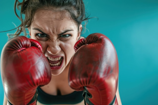 Woman with boxing gloves charging attacking screaming angry expression