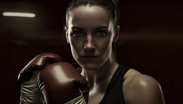 A woman with boxing gloves in front of her face