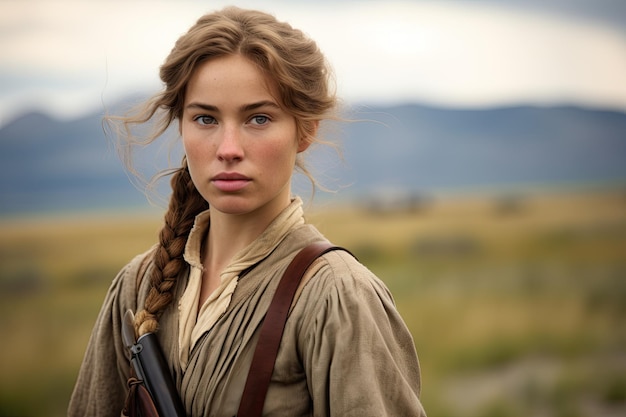 a woman with braided hair and a gun