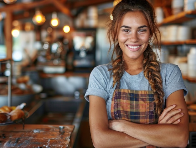 Woman with braided hair standing in front of a counter