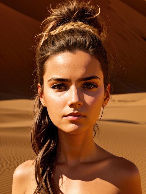 Foto una donna con i capelli intrecciati si trova nel deserto.