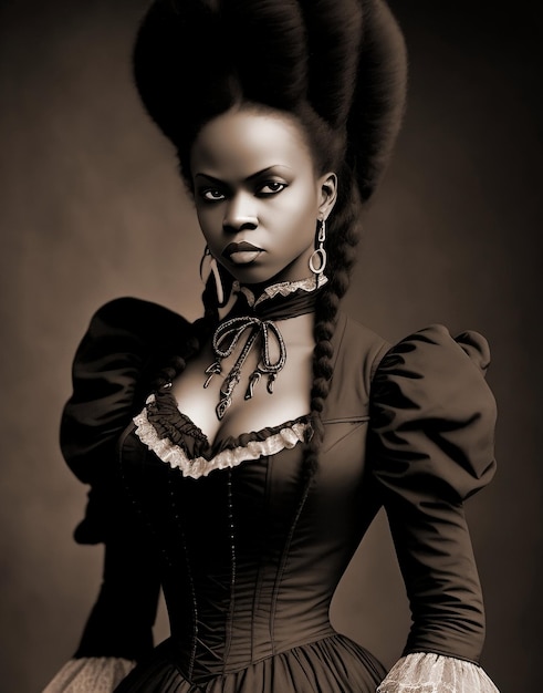 A woman with braids and a black dress has a black background.