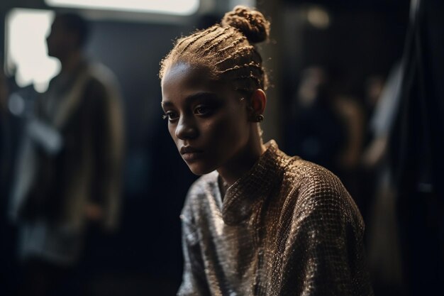 A woman with braids stands in a dark room, wearing a silver sweater with a black and white shirt.