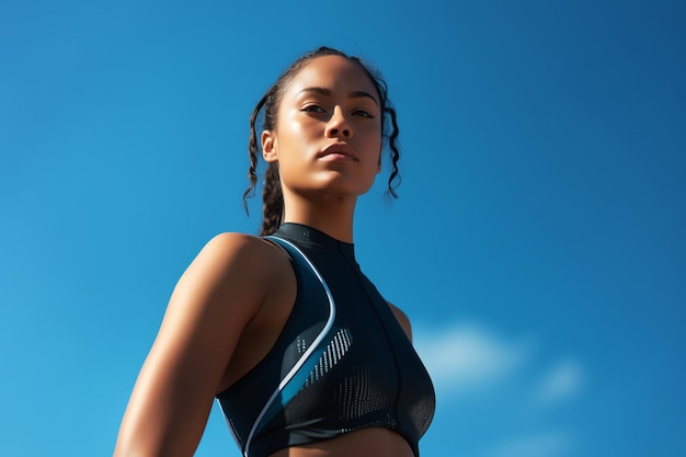 A woman with braids stands in front of a blue sky