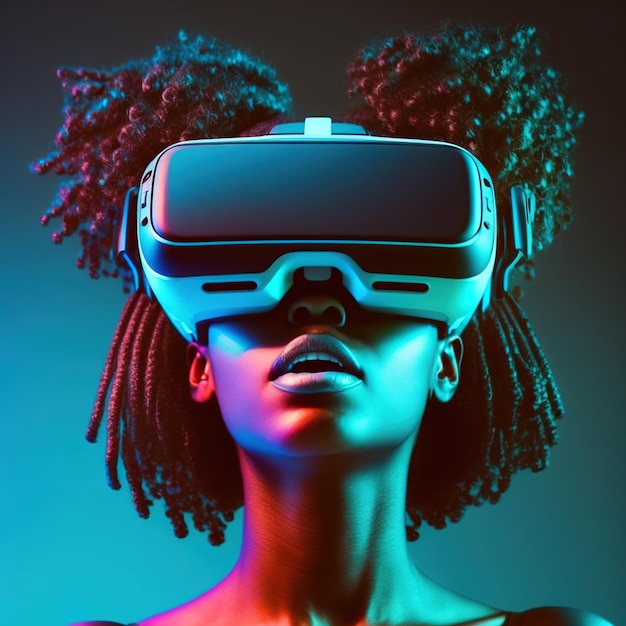 A woman with braids and a virtual reality goggles on her head