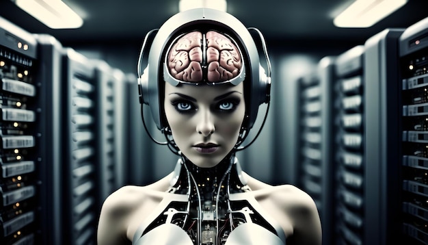 a woman with a brain on her head female AI representation android woman like robot