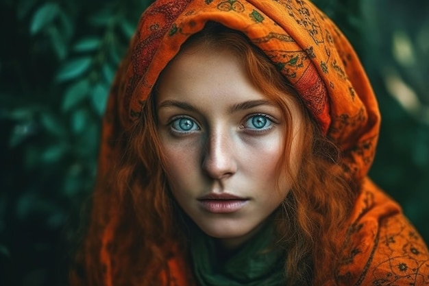 A woman with bright blue eyes and a scarf